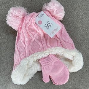 Capelli NY Stocking Hat Mitten Matching Set 12-24 months Pink Pompoms New Gift